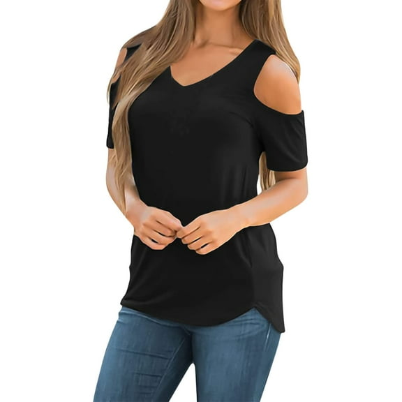 Shwomsmer Womens T Shirts Womens Summer Casual T Shirt Cute Cold Shoulder Short Sleeve V Neck Tops Juniors Graphic Tops