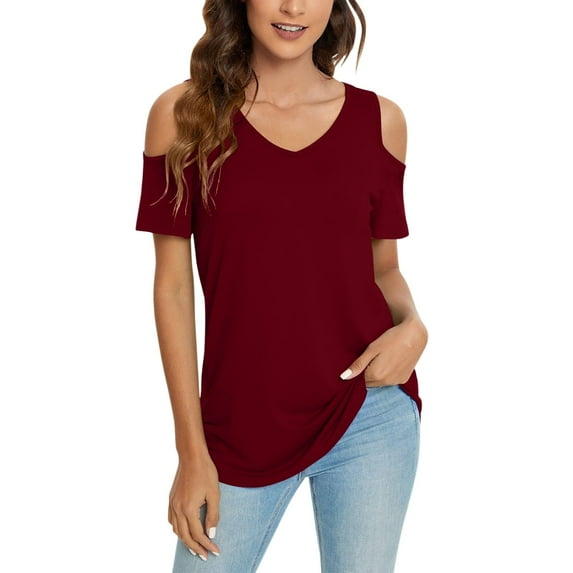 Shwomsmer Womens T Shirts Womens Summer Casual T Shirt Cute Cold Shoulder Short Sleeve V Neck Tops Juniors Graphic Tops