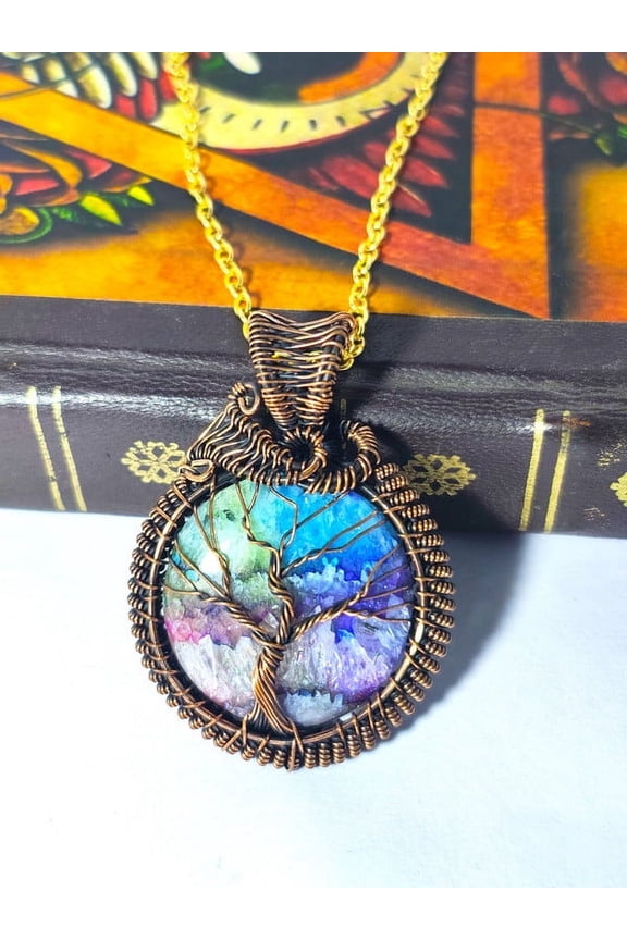 Tree Of Life Rainbow Solar Quartz Druzy Pendant Copper Wire Wrapped Pendant Gemstone Jewelry Handmade Pendant Unique Copper Design Jewelry