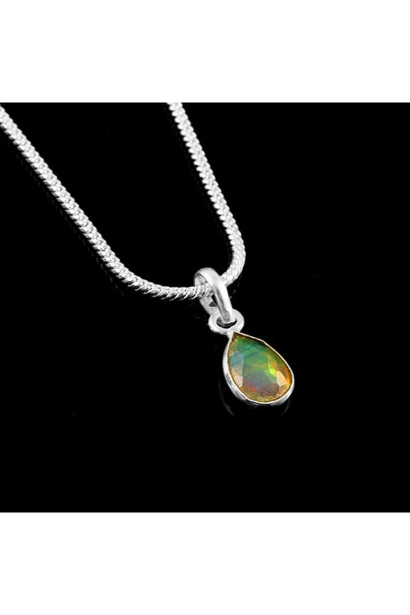 Shyamgesms Natural Ethiopian Opal Pendant, Sterling Silver White Fire Opal Necklace