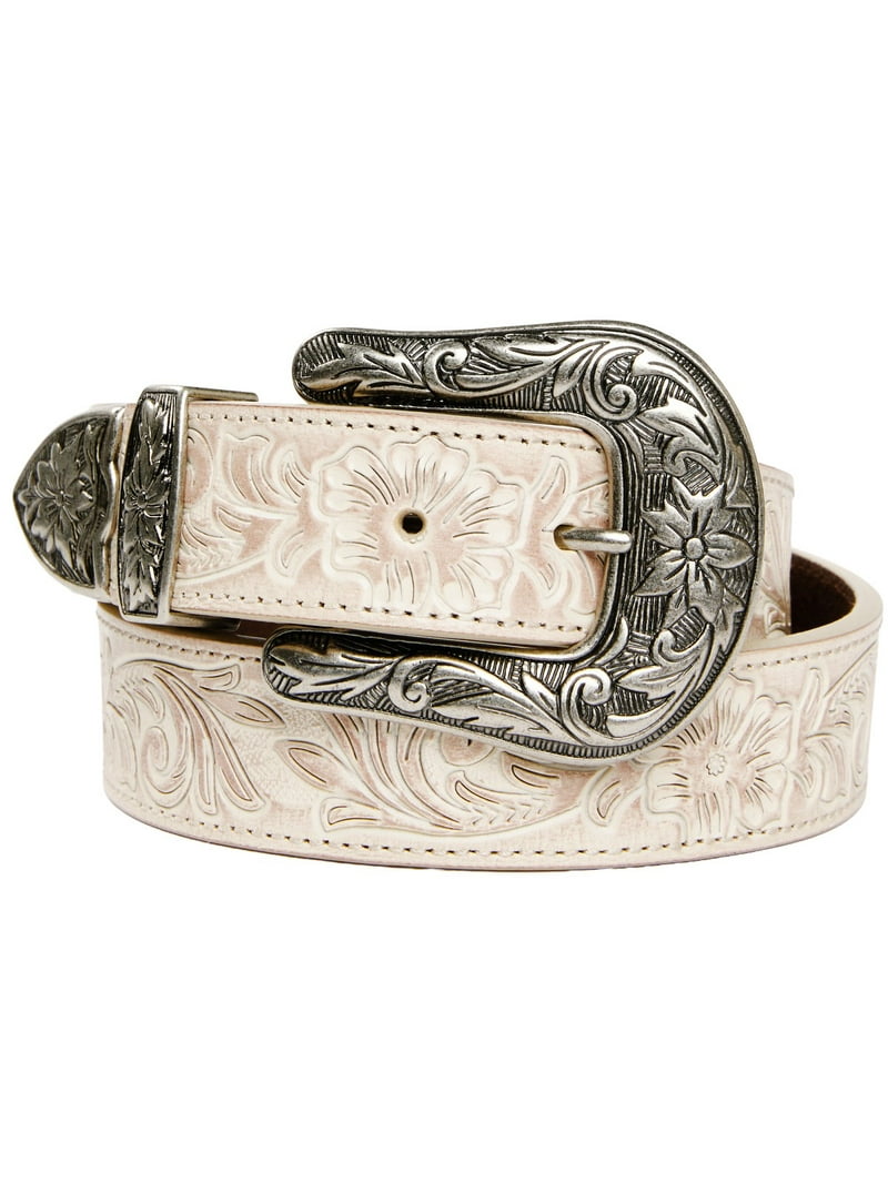 Western Leather Belt with Floral Embossed Design and Silver Buckle Hand Tooled Leather Western Belt: Floral Embossed Cowboy  main image 4