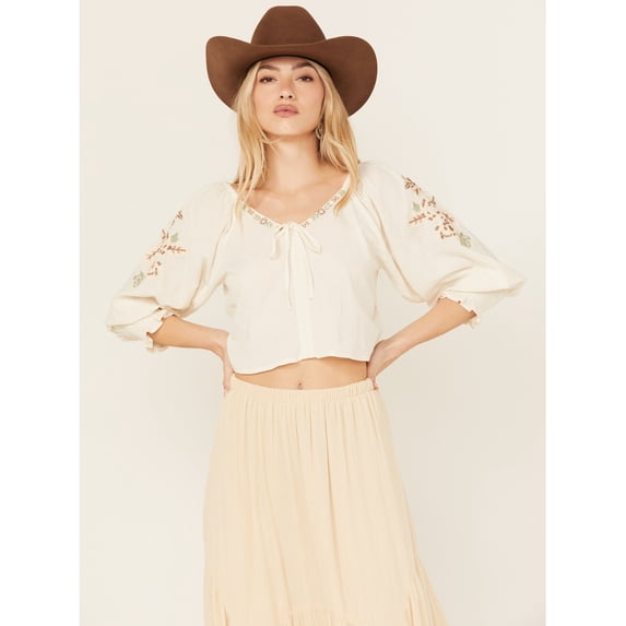 Shyanne Women's Embellished Tie Front Peasant Top - SWSU24W84-CRM X- US
