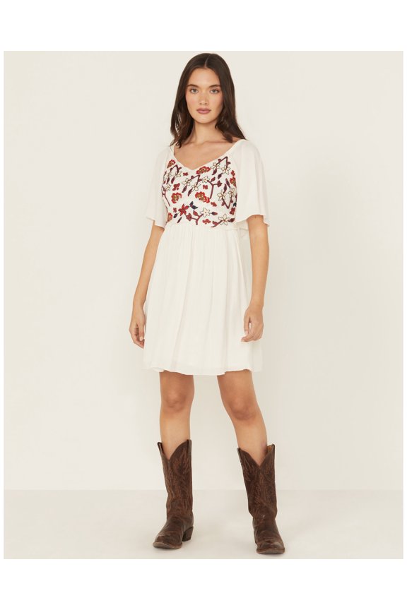 Women's Women'S Embroidered Crinkle Flutter Sleeve Mini Dress Ivory XXX-  US
