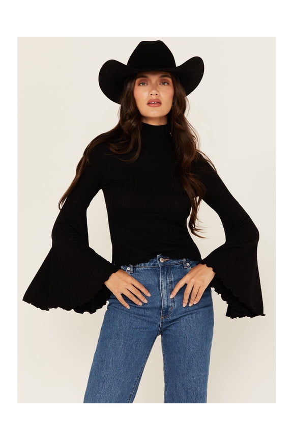 Women's Women'S Mock Neck Long Bell Sleeve Top Black XX-  US