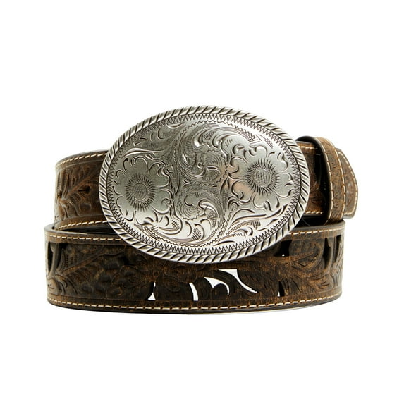 Shyanne Women's Oval Scroll Buckle Tooled Cut Out Belt Brown Medium