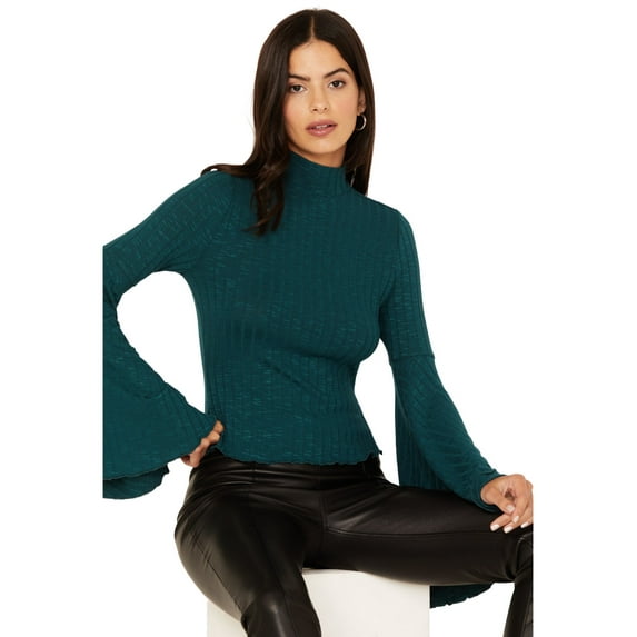 Shyanne Women's Rib Knit Mock Neck Bell Sleeve Top - SWFA20K43-DPTEL US