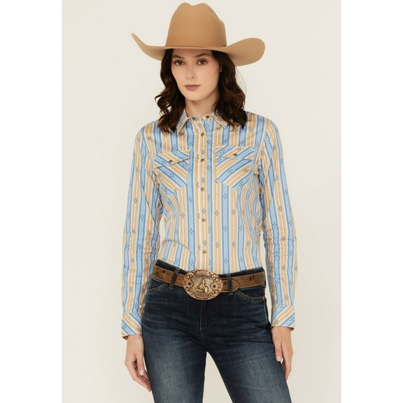 Shyanne Women's Serape Striped Long Sleeve Snap Stretch Western Shirt - SRSP25W88-BL X- US