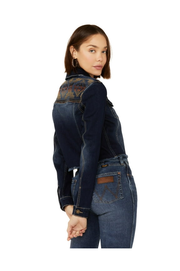 Women's Southwestern Embroidered Cropped Denim Jacket Dark Wash US