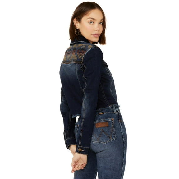 Shyanne Women's Southwestern Embroidered Cropped Denim Jacket Dark Wash X-  US