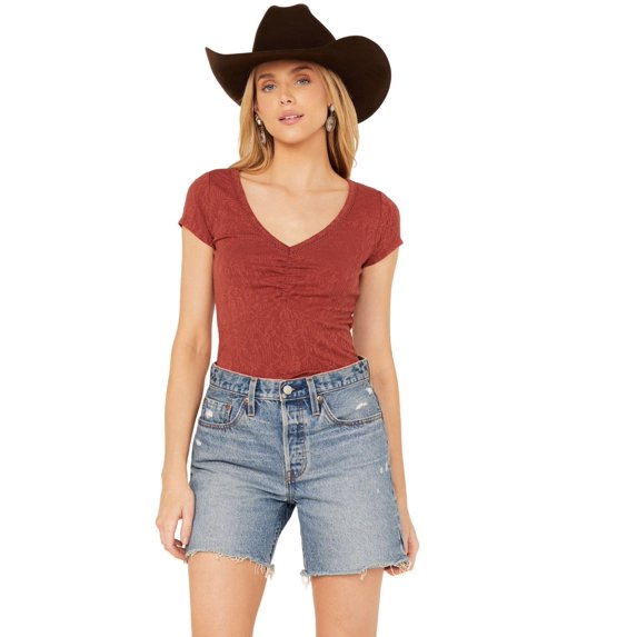 Shyanne Women's V Neck Short Sleeve Stretch Knit Top - SWSP24K32-RUCOP XX- US