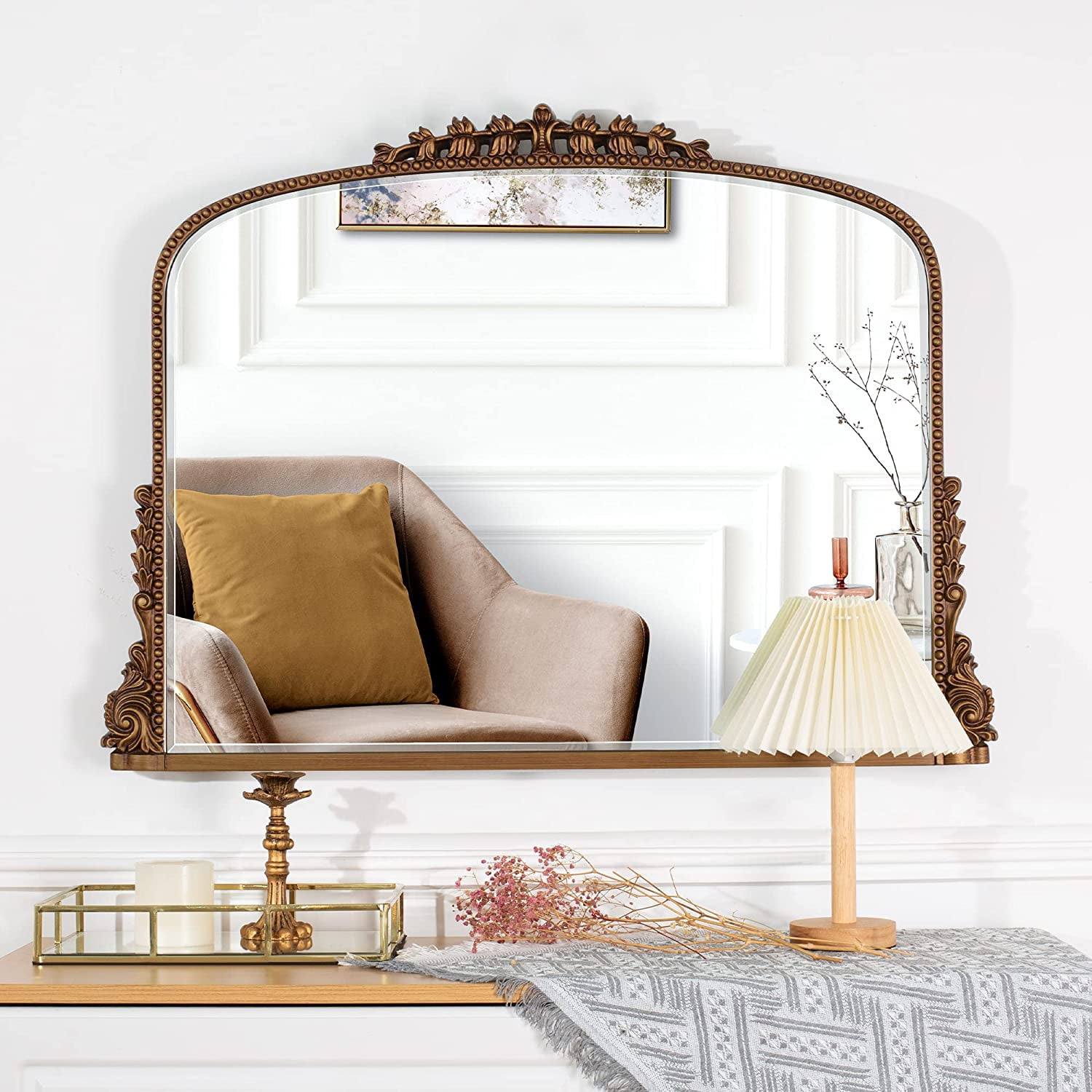 Shyfoy Large Arch Wall Mirror Ornate Mirror for Living Room Decor