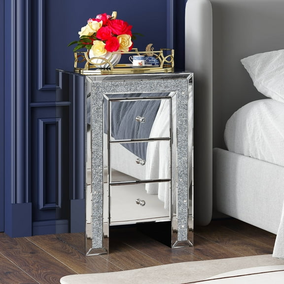 Shyfoy Mirrored Nightstand with 3 Drawers Mirrored End Tables Bedside Table Accent Table Smooth Mirror Finish with Crystal-Style Knobs for Bedroom, Living Room