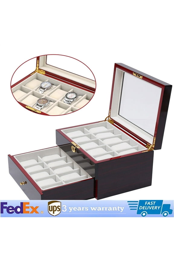 20 Slot Wood Watch Box Display Case Glass Top Jewelry Storage Organizer Box+Lock
