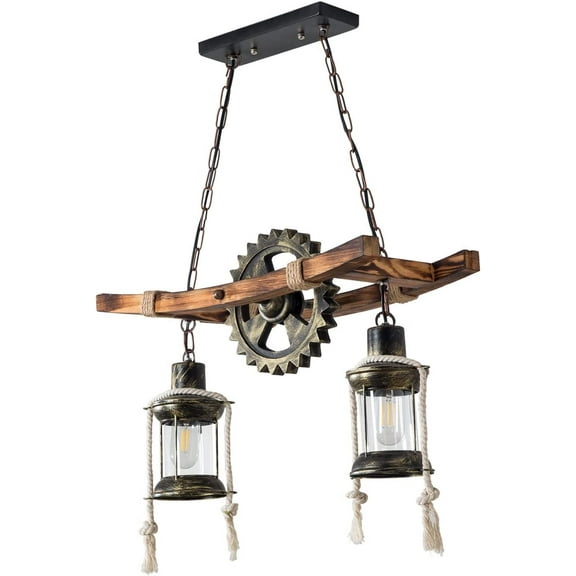 Shzicmy 21.7in 2 Lights Industrial Chandelier Retro Attic Bar Hanging Lighting Wood Metal Pendant Lamp for Dining Room Farmhouse