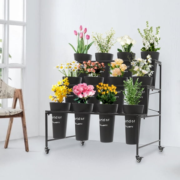 Shzicmy 3 Layers Moving Plant Cart Shelf with Wheels Flower Display Stand + 12 Buckets