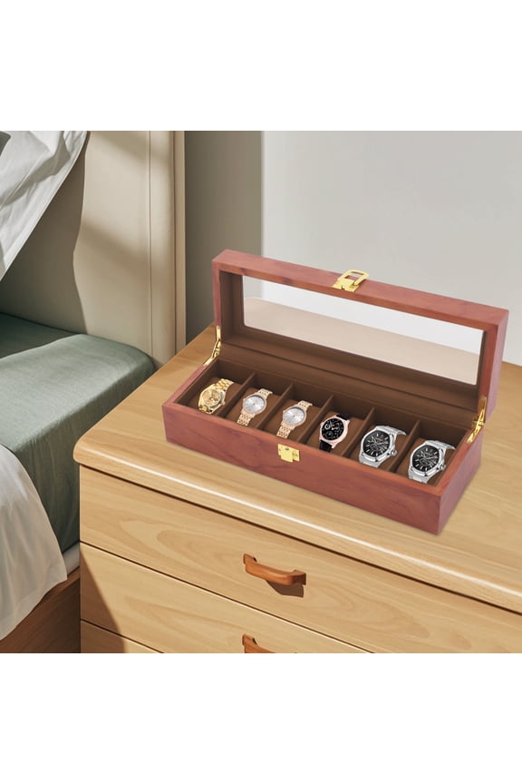 6-Compartment Vintage Watch Box with Clear Lid and Velvet Lining