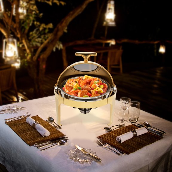 Shzicmy 6 QT Round Chafing Dish Buffet Set with Thick Frame for Weddings Dinners Gold