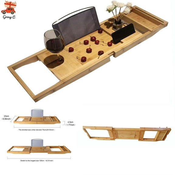 Shzicmy Bathtub Caddy Tray Bamboo Bath Tray Table Rack Tablet Phone Books Holder Shelf