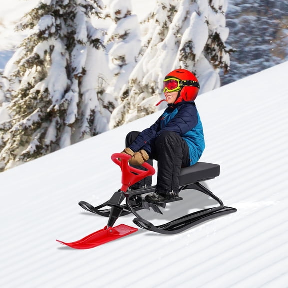 Shzicmy Black & Red Kids Snow Racer Sled with Double Brakes and Steering Wheel