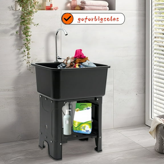 Shzicmy Freestanding Utility Sink with Faucet, Storage Shelf & Quick Drain System