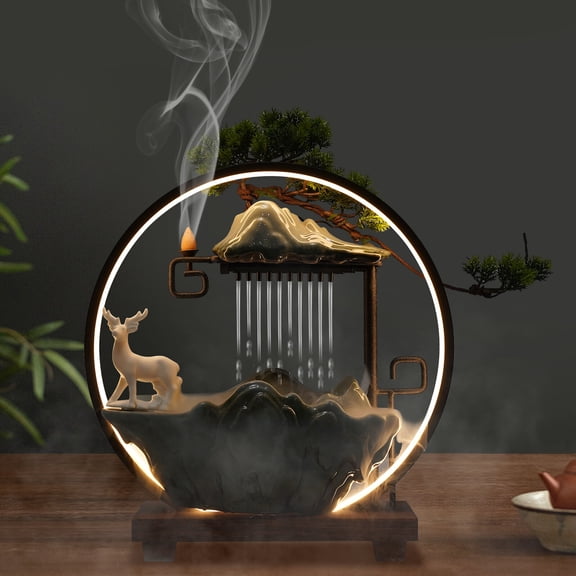 Shzicmy Indoor Water Fountain with Mist LED Light Incense Burner Waterfall Table Decor
