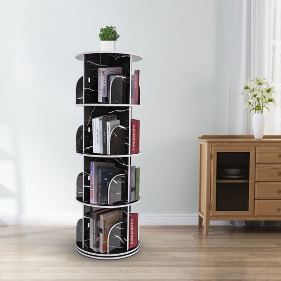Shzicmy Rotating Display Bookshelf - Black Marble Revolving Storage Rack 4 Tier