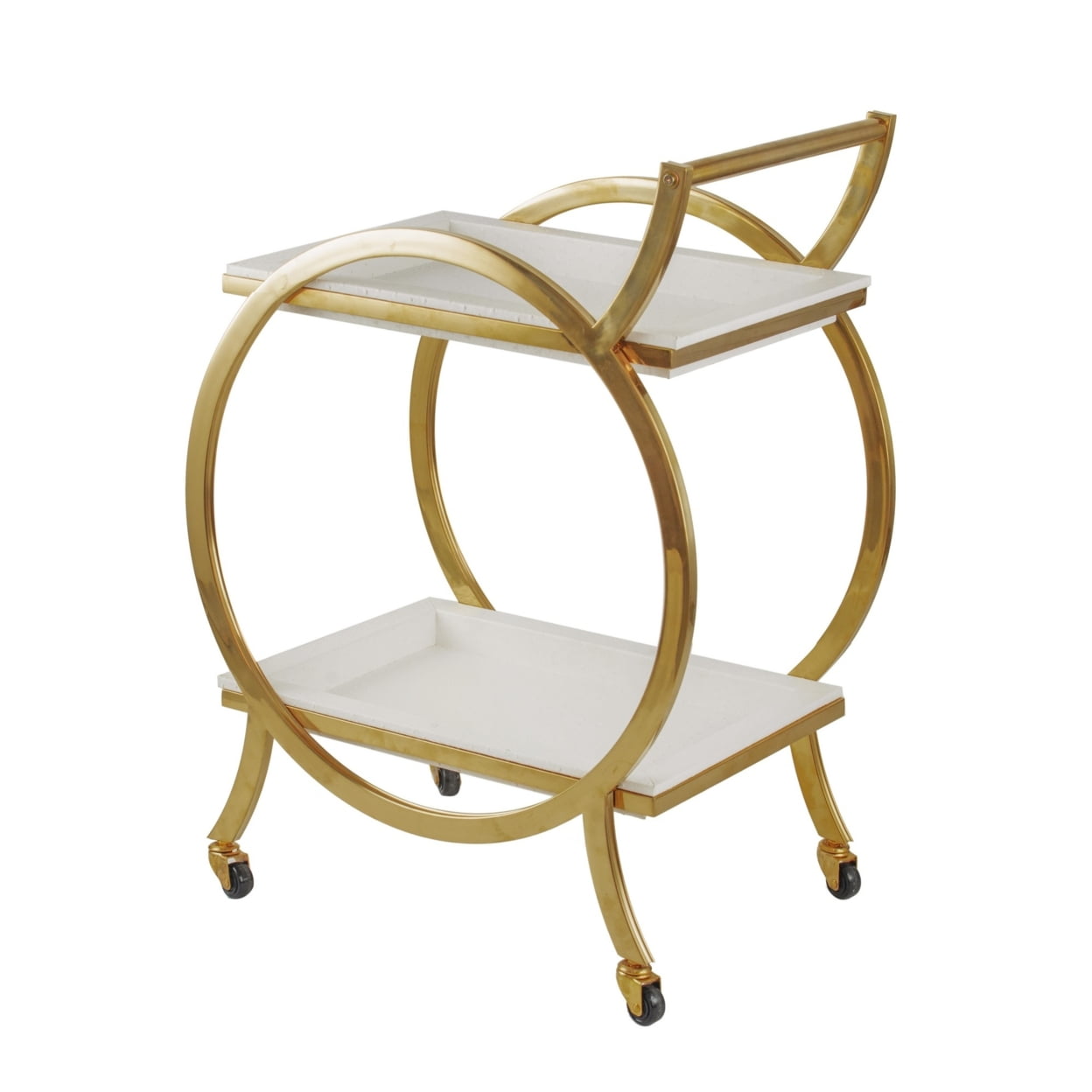Sia 34 Inch Rolling Bar Cart, Round Steel Frame, Removable Trays White Gold, Saltoro Sherpi