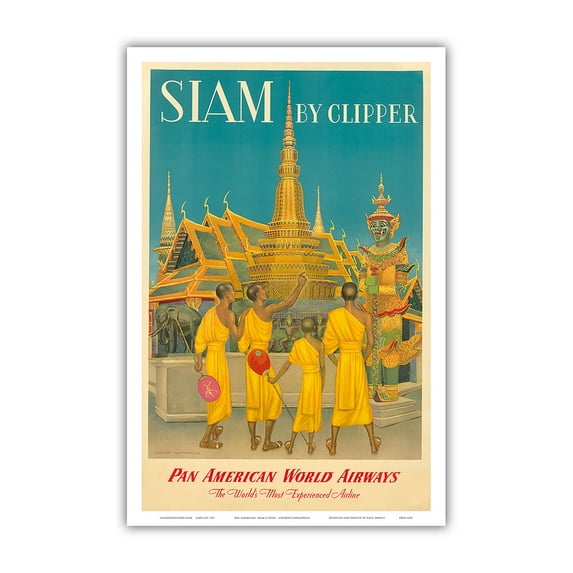 Siam (Thailand) by Clipper - Pan American World Airways - Vintage Airline Travel Poster by Charles Baskerville c.1950s - Master Art Print (Unframed) 12in x 18in