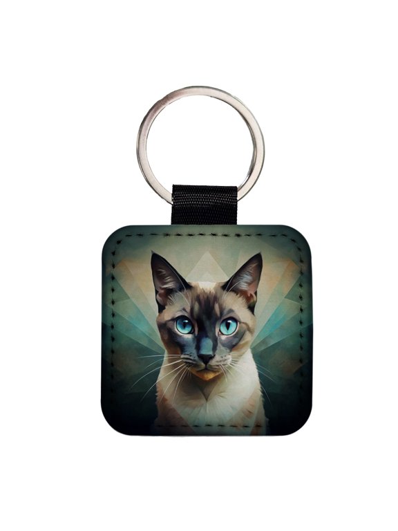 Siamese Cat Abstract Stylized Art Faux Leather Square Keychain