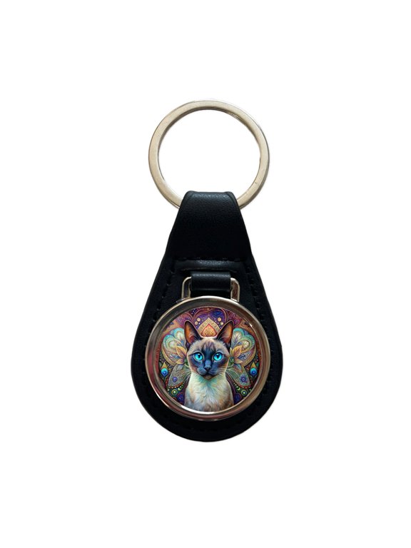 Siamese Cat Bohemian Art Metal Black Leather Keychain