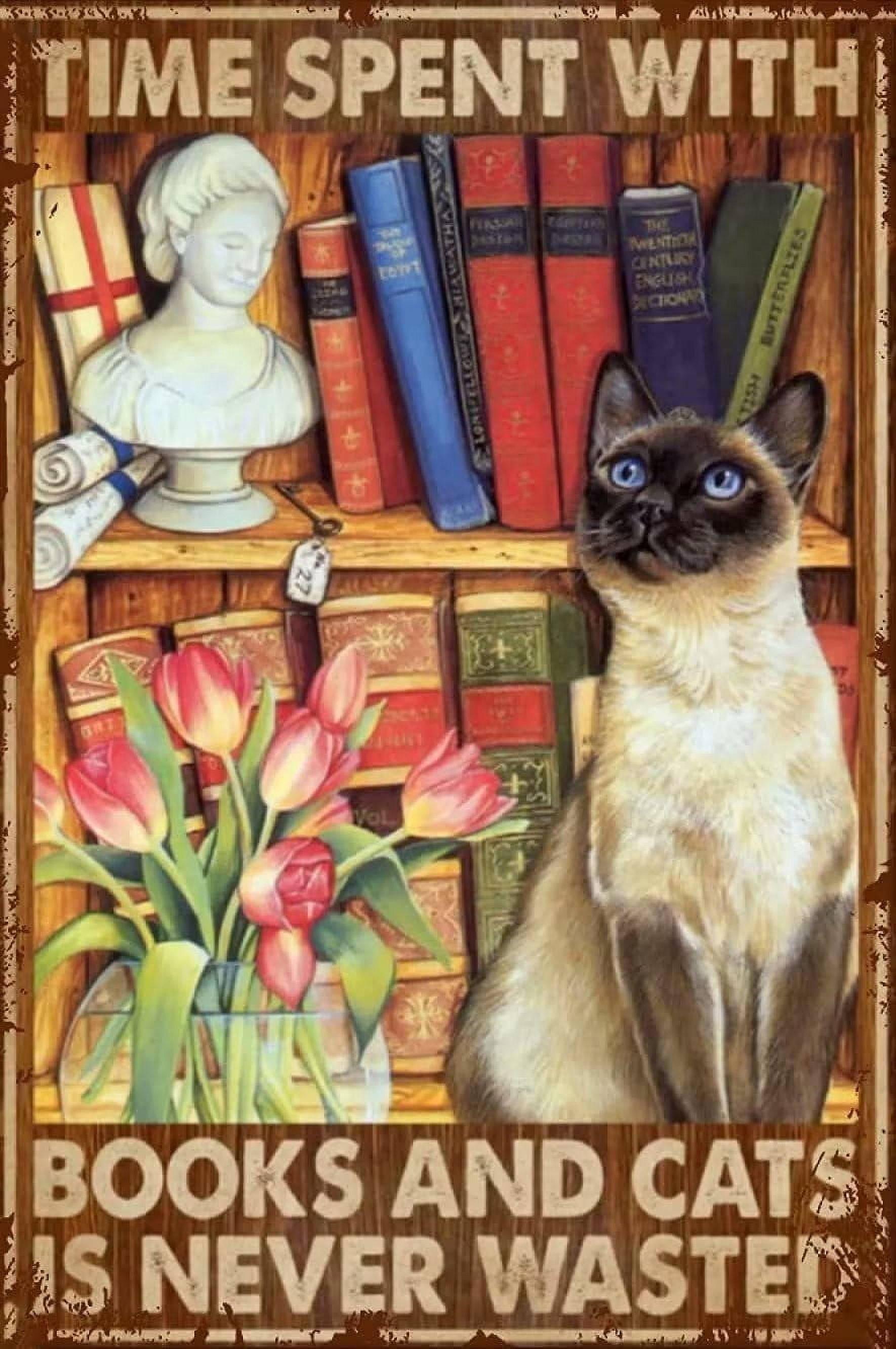 Targa In Metallo Vintage Con Gatto Siamese E Libri Time