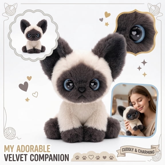 Siamese Cat, Cat Plush, Plush Cat, Stuffed Animal Cat, Cute Stuffed Animal, 7 In, Plush Fabric, Fabric, Cat DecorforCat Lovers, Kid Toy, Cat Gift, Blue Accents, 1 Pc