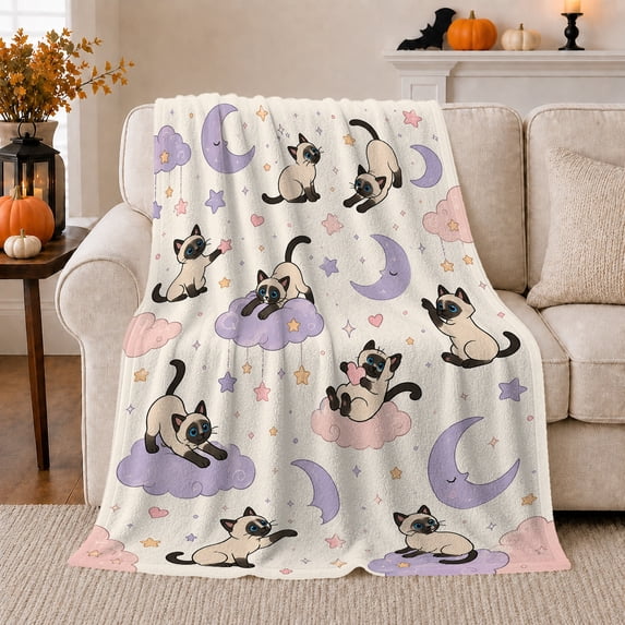 Siamese Cat Celestial Dreams, Playful Pet Portrait Pattern, Warm Flannel Blanket for Living Room and Reading Nook, Cat Lovers Friendship Gift, Pet Lover Home Decor