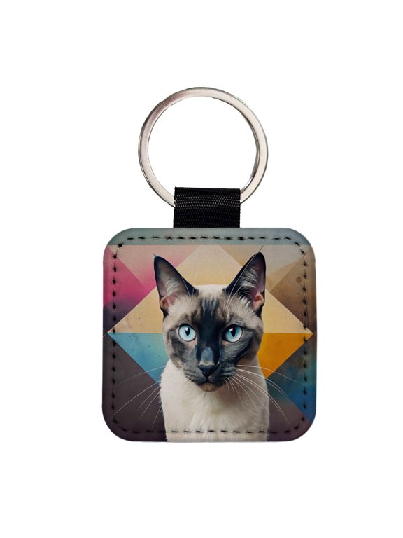 Siamese Cat Contemporary Art Faux Leather Square Keychain