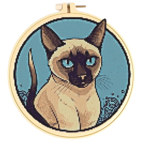 Siamese Cat Cross Stitch Kits for Starter Kits DIY 11CT Pre-printed Patterns Needlepoint Embroidery Cross Stitching Needlework Kit Set Supplies with Hoop 38x38cm