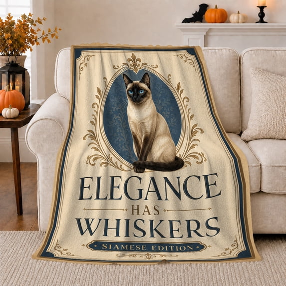 Siamese Cat Elegance Portrait Oval Frame Elegance Has, Festive Pet Portrait Pattern, Warm Flannel Blanket for Living Room and Reading Nook, Cat Lovers Christmas Gift, Pet Lover Home Decor