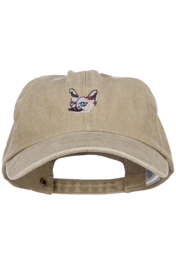 Siamese Cat Embroidered Washed Cotton Twill Cap - Khaki OSFM