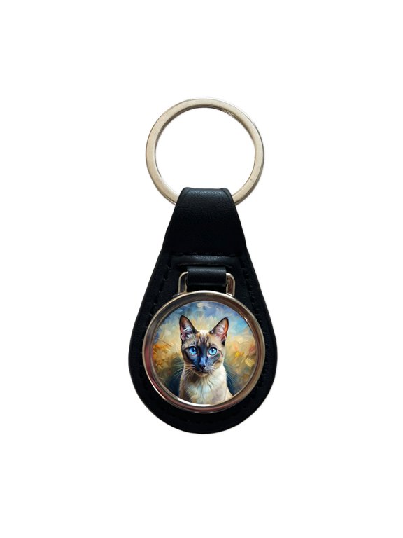 Siamese Cat Expressionism Art Metal Black Leather Keychain