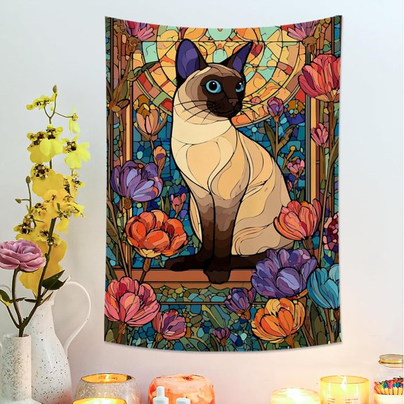 Siamese Cat Floral Tapestry, Colorful Spring Wall Hanging, Bohemian Home Decor for Living Room, Bedroom, Dorm, Aesthetic Tapestries 30x40 Inch