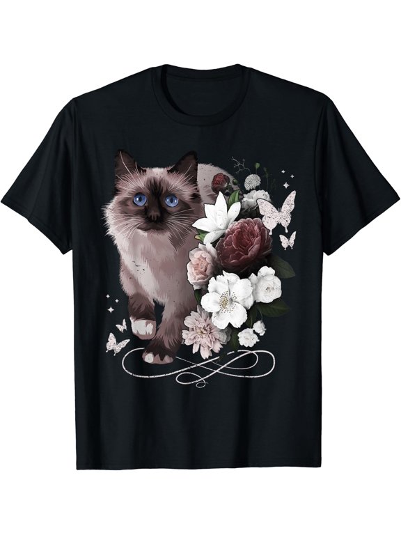 Siamese Cat Floral Vintage Design T-Shirt