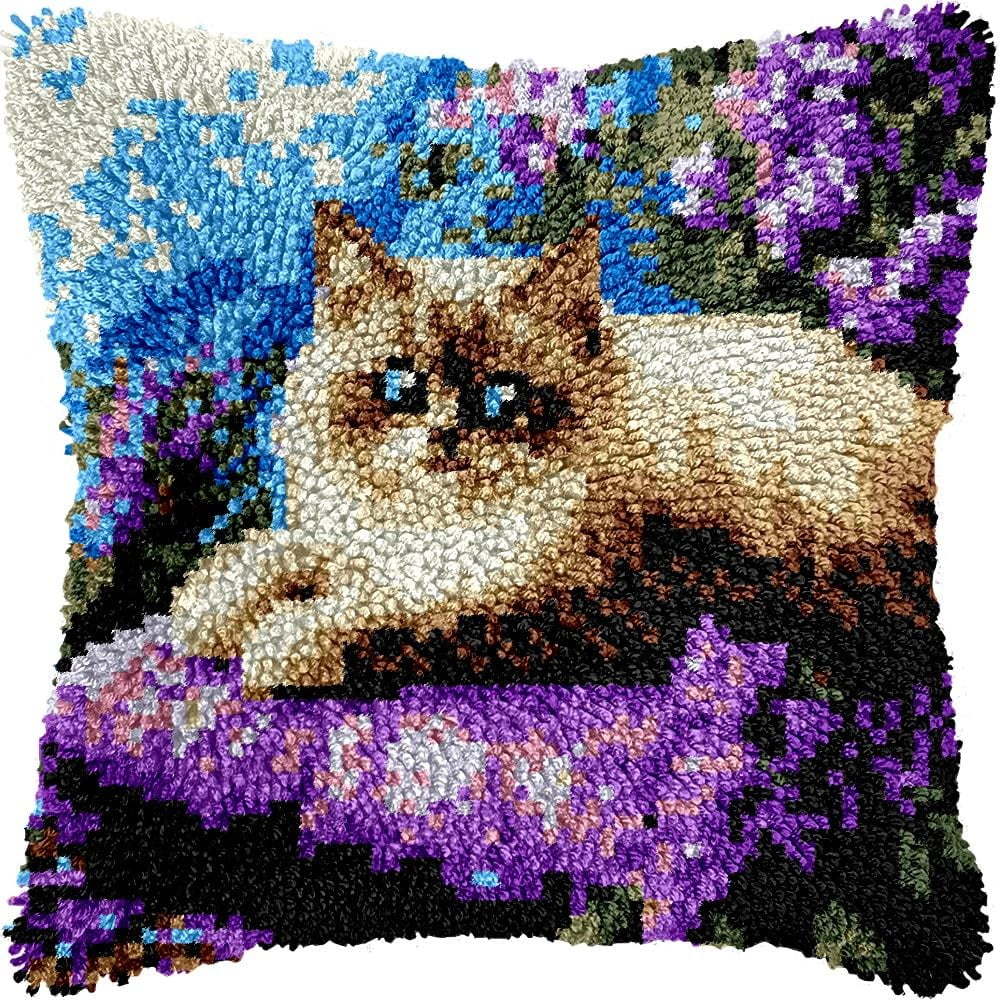 Siamese Cat & Flowers Latch Hook Kits Pillow DIY Pillowcase Crochet Hook Cushion Making Kits with Preprinted Pattern Canvas Instruction Yarns Pillow Cover Easy Starter DIY Crochet Kits 43x43cm（L64)