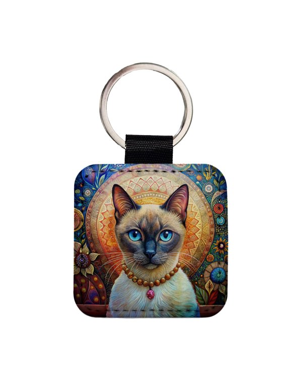 Siamese Cat French Bohemian Art Faux Leather Square Keychain