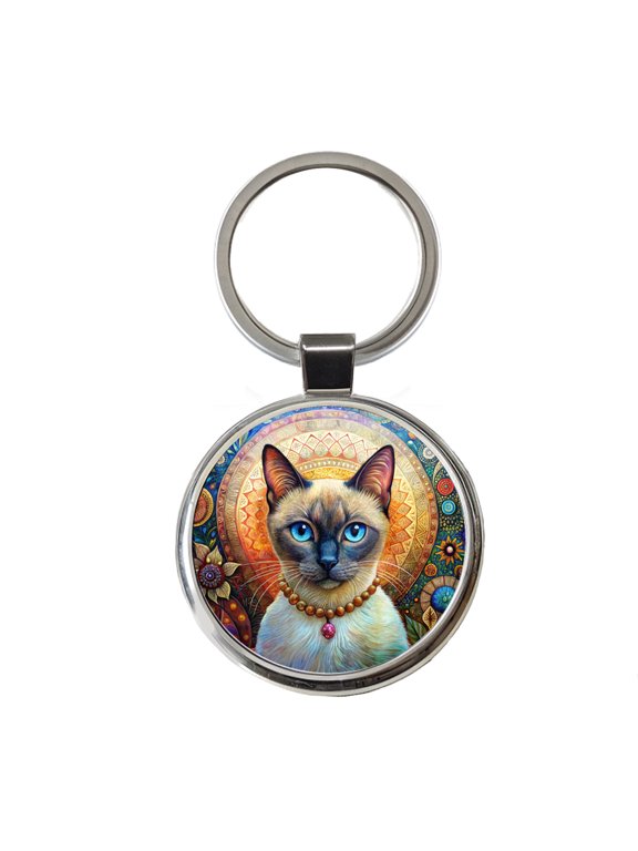 Siamese Cat French Bohemian Art Metal Round Keychain