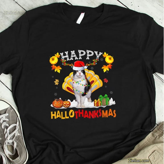 Siamese Cat Hallothanksmas T-Shirt, Funny Halloween Thanksgiving Xmas Gift Tee