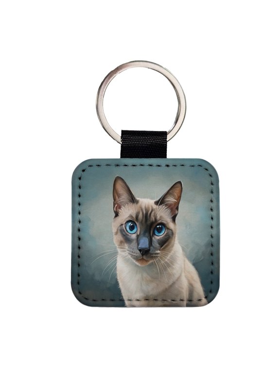 Siamese Cat Illustration Faux Leather Square Keychain
