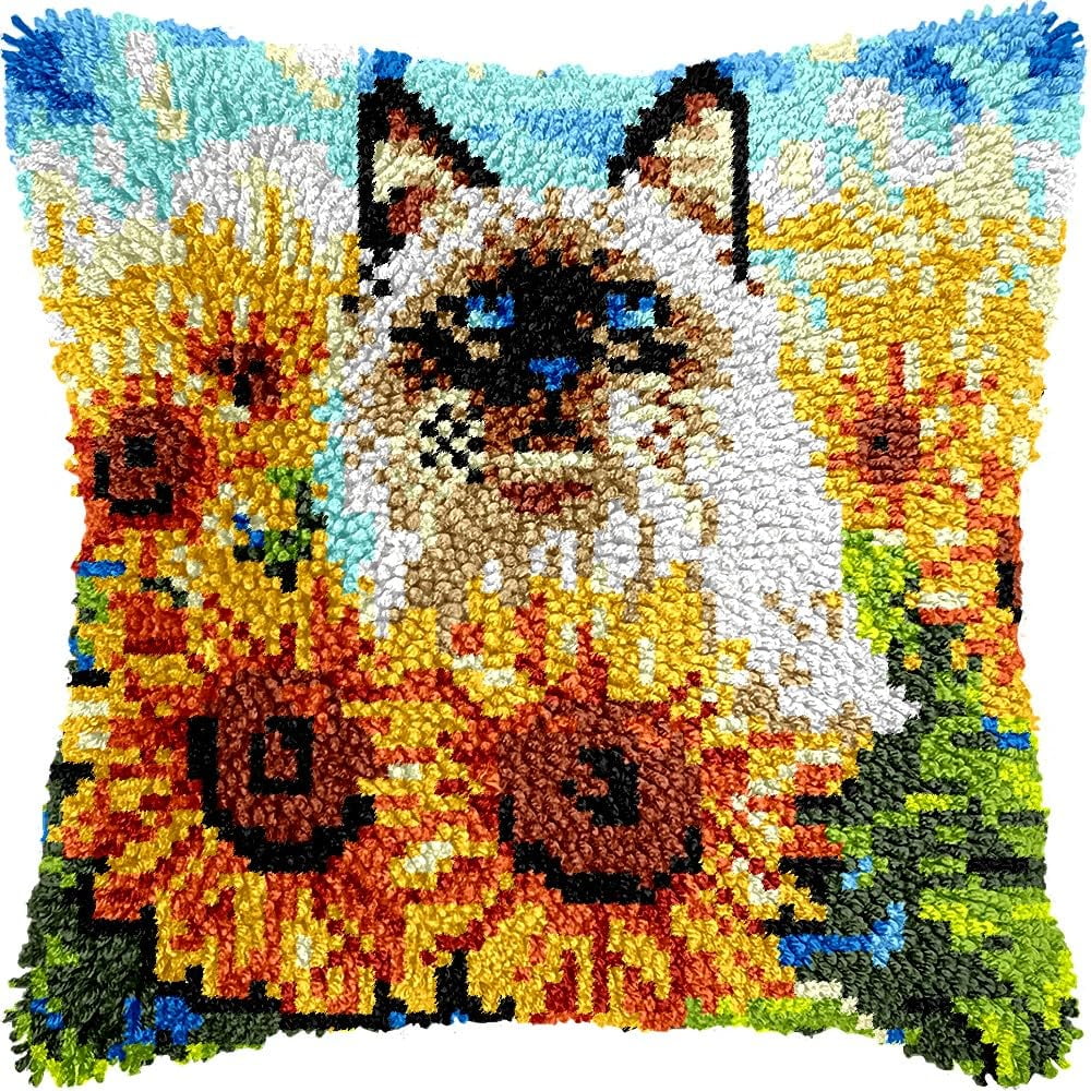 Siamese Cat Latch Hook Kits Pillow DIY Pillowcase Crochet Hook Cushion Making Kits with Preprinted Pattern Canvas Instruction Yarns Pillow Cover Easy Starter DIY Crochet Kits 43x43cm（L56)
