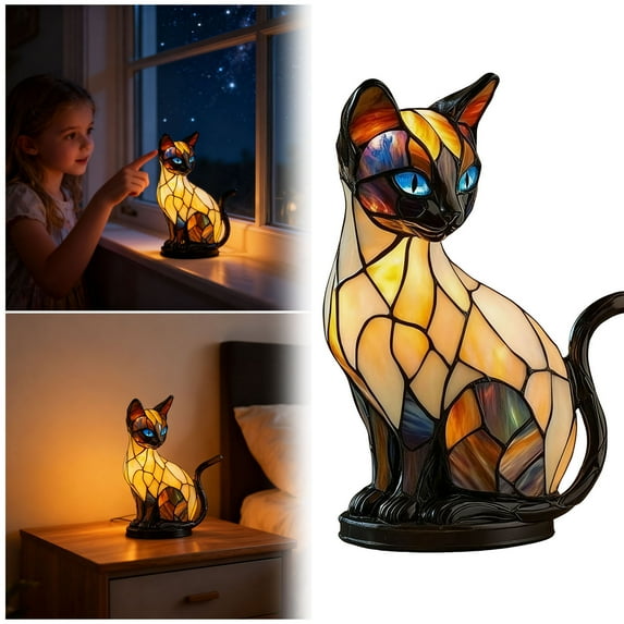 Siamese Cat Night Light Lamp Stained Glass Effect, 1 Pack, Vintage Resin Table Ornament with Glow, Bedroom Nursery Decor for Animal Lovers, Unique Holiday Gift, Yellow, 6.3 x 4.7 Inch