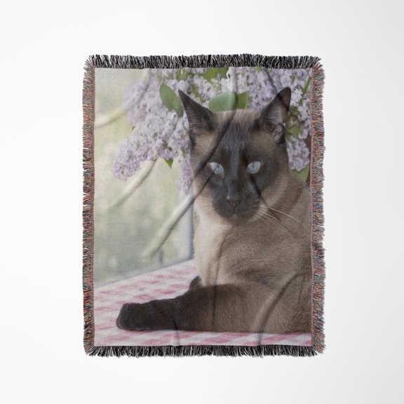 Siamese Cat On Tablecloth With Lilacs - Na02 Pwo0102 - Piperanne Worcester, Woven Blanket