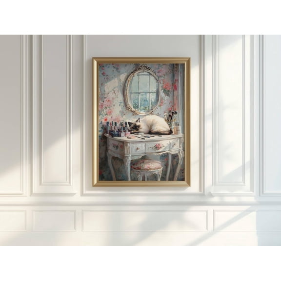 Siamese Cat On Vanity Poster, Romantic Bathroom Aesthetic Print, Feminine Home Decor, Siamese Cat Lover Wall Art,, Unframed Poster Size 16x24