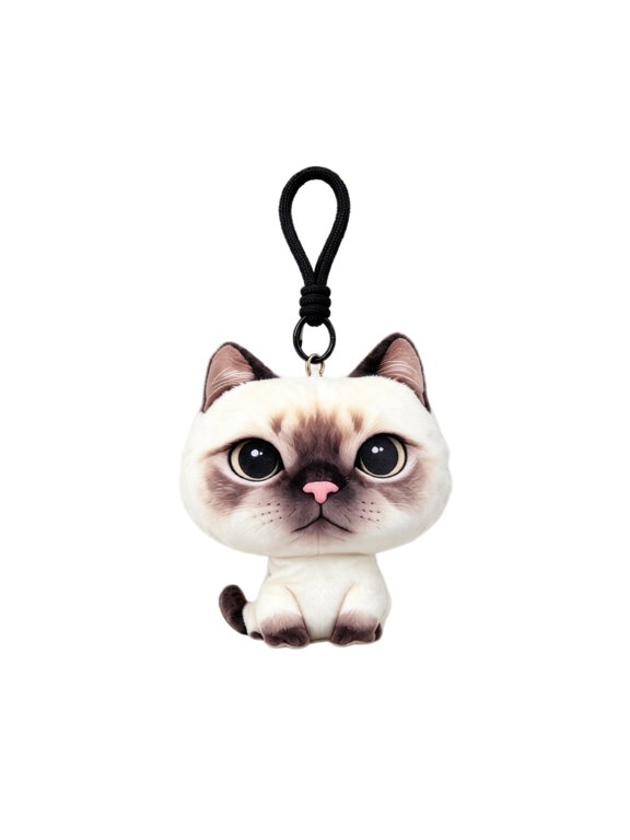 Siamese Cat Plush Keychain with Big Head Design, Cream and Brown, for Bag Decoration, Stuffed Animal Toys